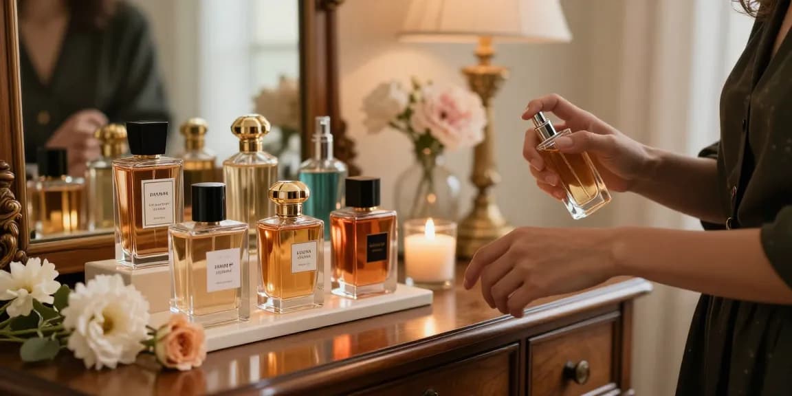 Classic perfumes beautifully displayed on a vintage vanity, showcasing elegance and sophistication.
