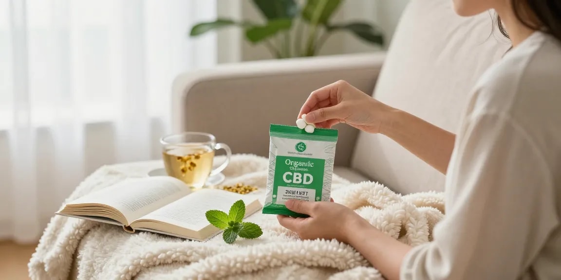 Person enjoying organic CBD mints Canada in a cozy living room with soothing atmosphere.