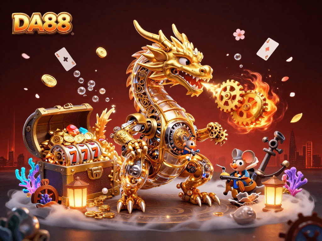 Experience thrilling gameplay at DA88 with slot reels and colorful treasure in an immersive 3D setting