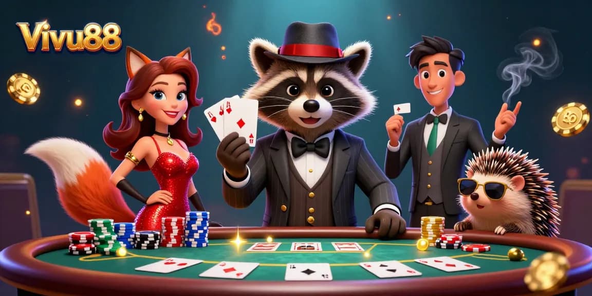 Experience thrilling action at Vivu88 with a suave raccoon, a glamorous fox, and an energetic hedgehog in a lively casino setting.