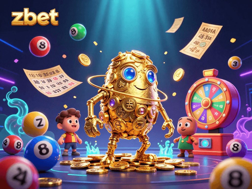ZBet Casino: Play exciting games with golden golem and vibrant lottery elements swirling around.