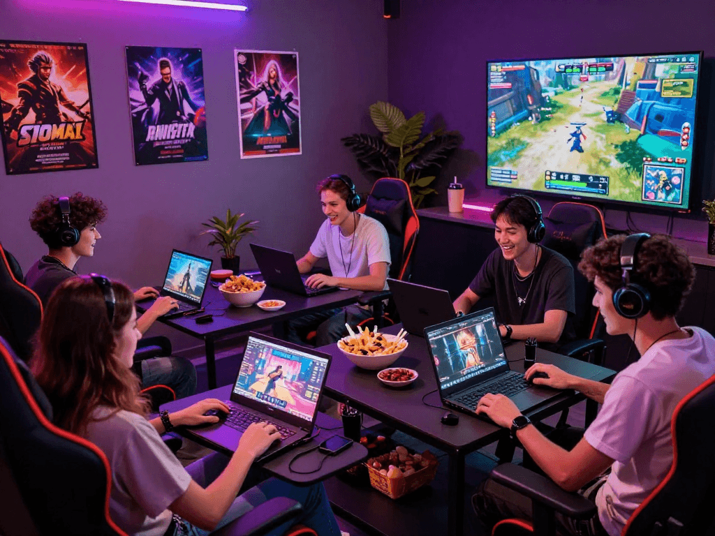 Friends enjoying interactive porngames in a vibrant gaming lounge with neon lights and lively atmosphere.
