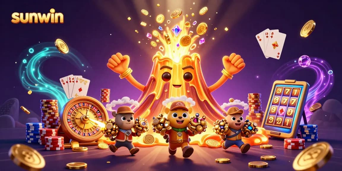 Sunwin casino artwork featuring a golden volcano and treasure elements, ideal for online gaming.