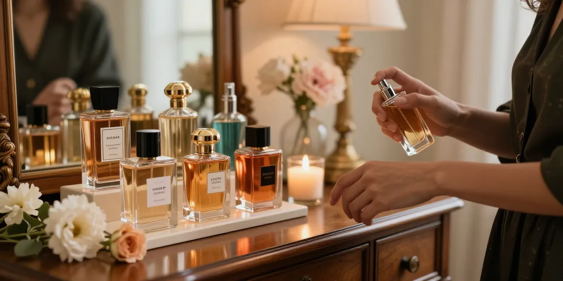 Classic perfumes beautifully displayed on a vintage vanity, showcasing elegance and sophistication.