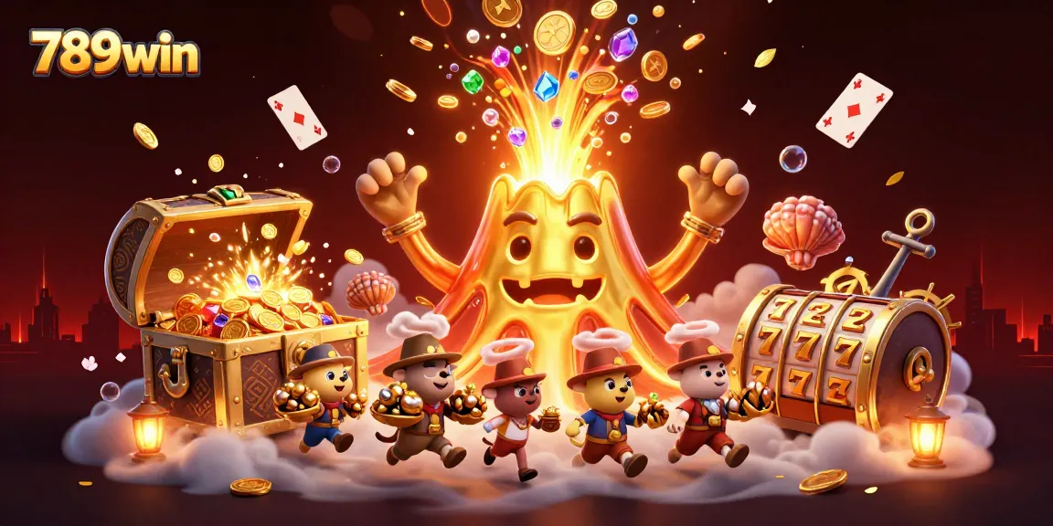 Experience the thrilling adventure of 789win with a gold volcano erupting treasures and fun casino elements!