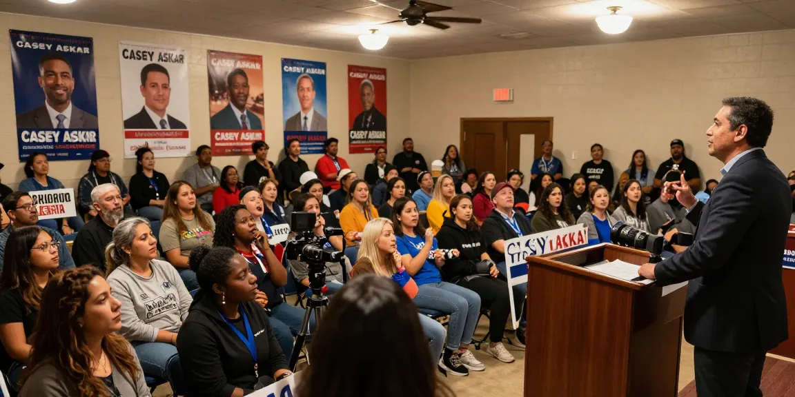Casey Askar addressing a lively town hall meeting, engaging voters with passion.