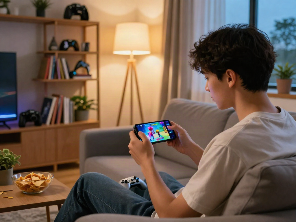 Engaging scene of a young adult enjoying a mobile porn game in a cozy living room.