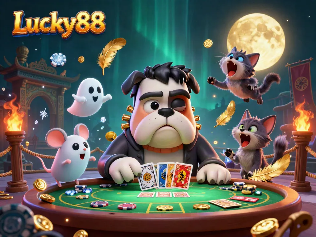Experience the excitement with Lucky88 as the Frankenstein bulldog deals cards amidst casino ambiance and whimsical characters.