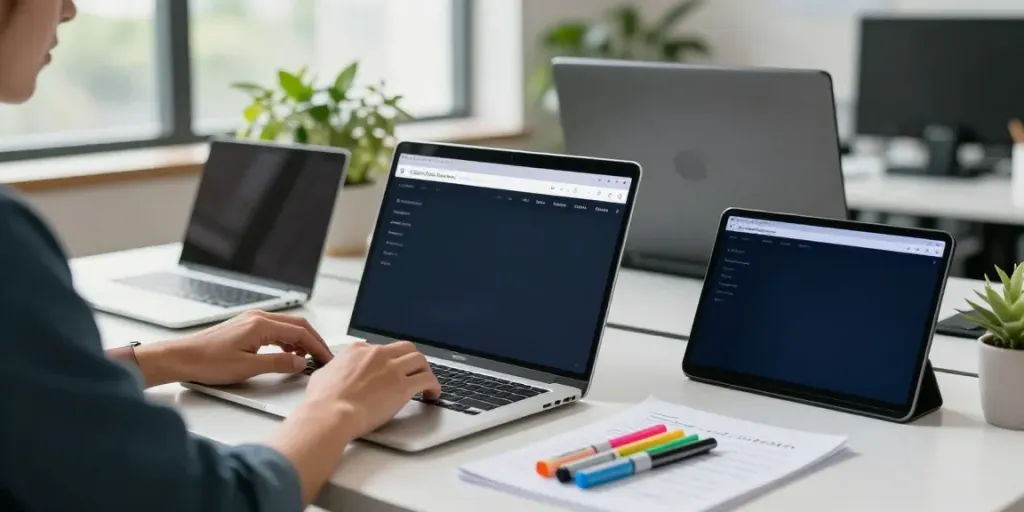 Buy domain name in a vibrant office setting with a person searching on laptop