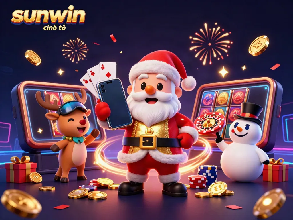 Engage with sunwin chính thức as Santa and friends celebrate with jackpots in a vibrant casino scene.