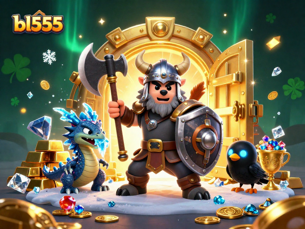 Win big with bl555 in a vibrant 3D illustration of a Viking wolf warrior and treasures.