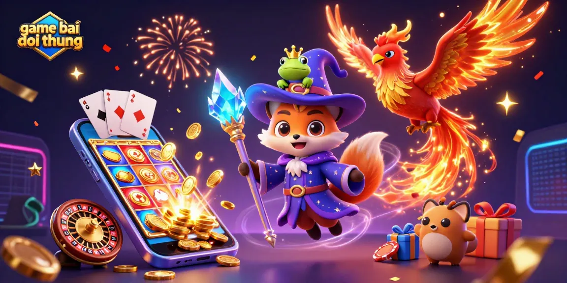 Experience game bai doi thuong with vibrant 3D characters, slot machines, and golden coins filling the scene.