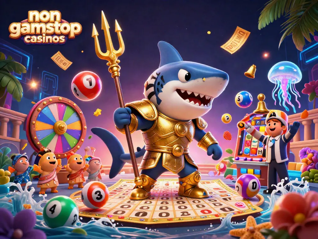 Experience thrilling action at non gamstop casinos with a 3D shark in golden armor surrounded by lottery excitement.