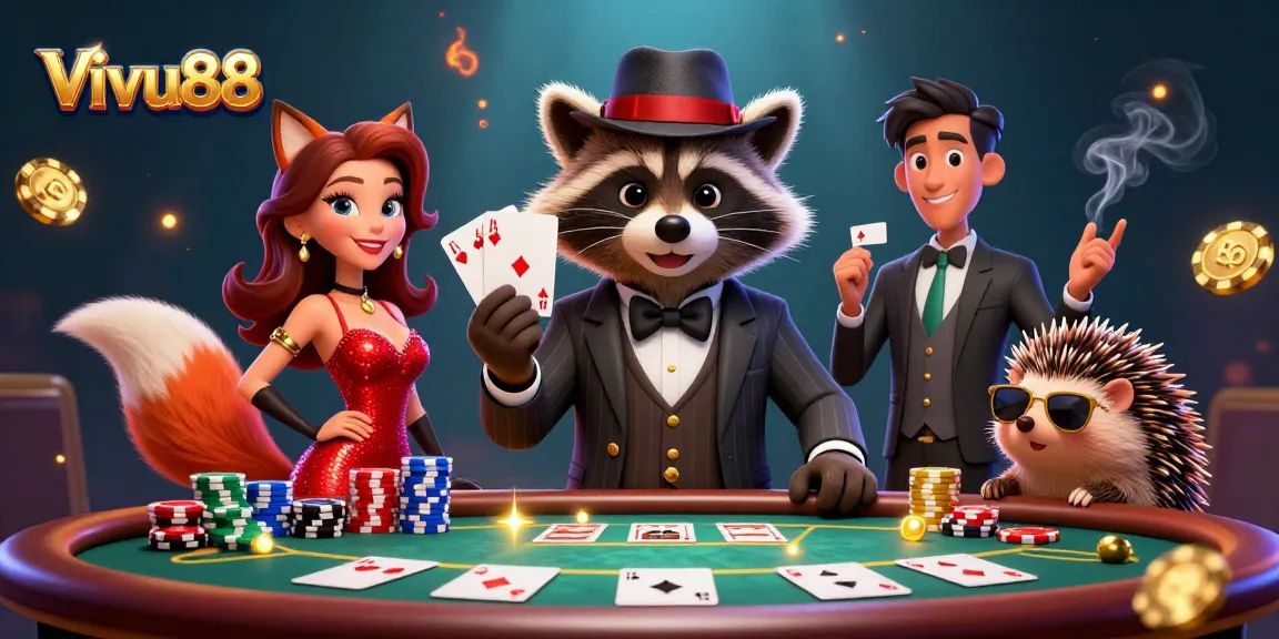 Experience thrilling action at Vivu88 with a suave raccoon, a glamorous fox, and an energetic hedgehog in a lively casino setting.