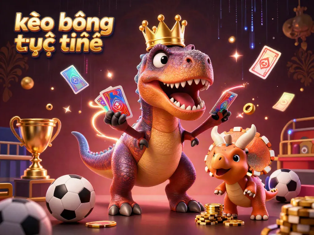 Engage in kèo bóng trực tuyến with a fun sports-themed T-Rex and friends in a vibrant casino setting.