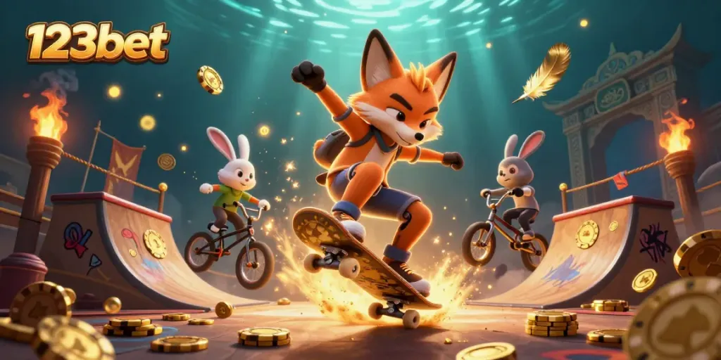Experience thrilling moments at 123bet with an action-packed scene of a fox and rabbit riding in a vibrant casino setting.