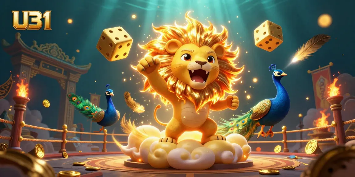 Experience premium gaming action at U31 with a roaring sun lion and dazzling dice in a vibrant casino scene.