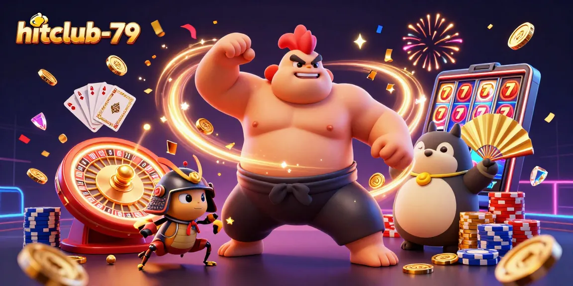 Experience the excitement at hitclub-79 with thrilling characters in a bustling casino scene, showcasing dynamic gaming action.