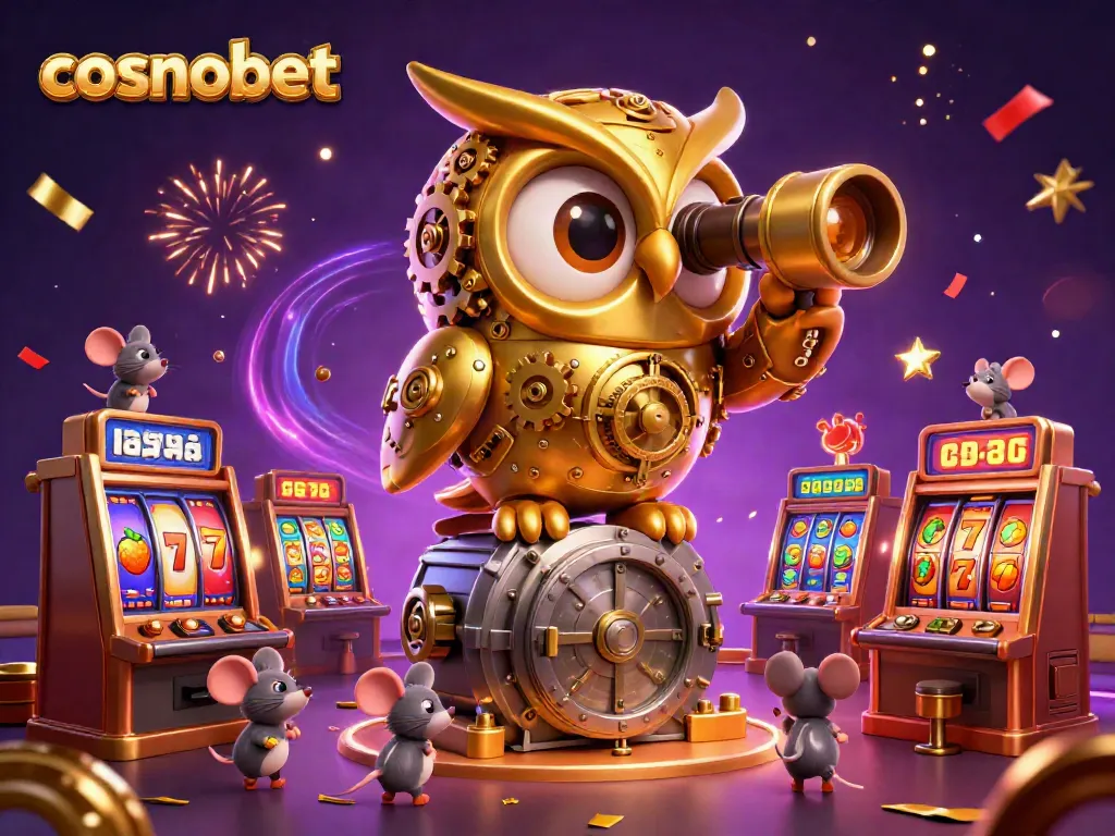 Experience thrilling moments at cosmobet as a golden owl oversees vibrant slot machines and lively patrons.