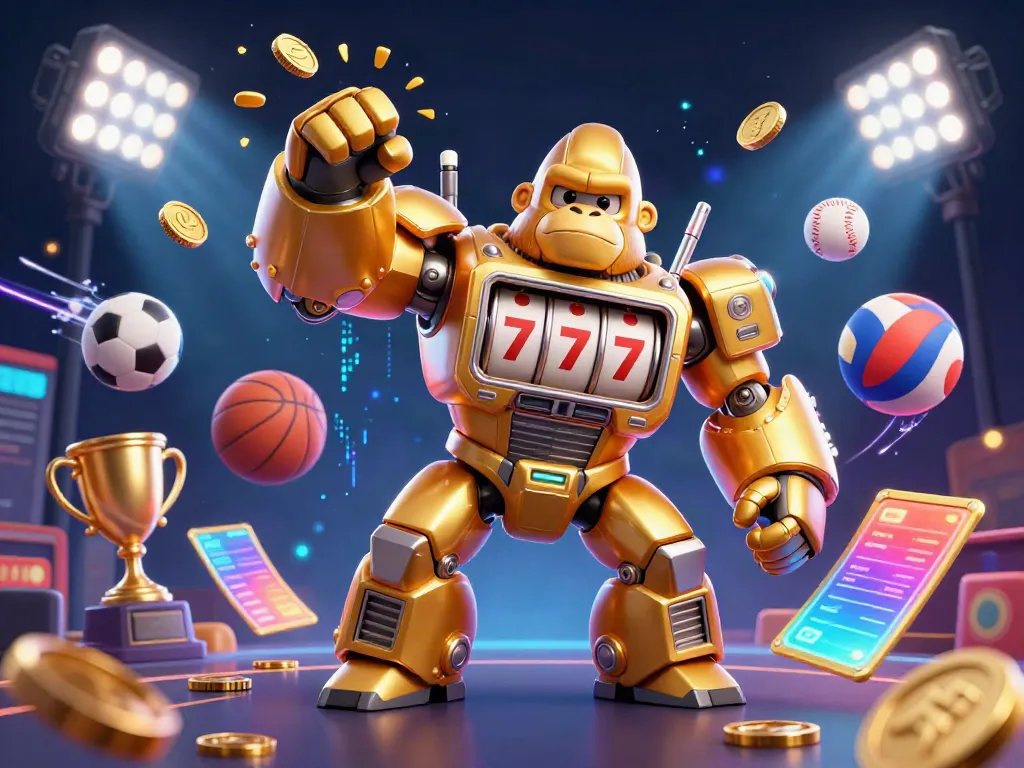 Zowin showcases a thrilling 3D casino experience with a golden gorilla mech amidst dynamic game elements and sports action.