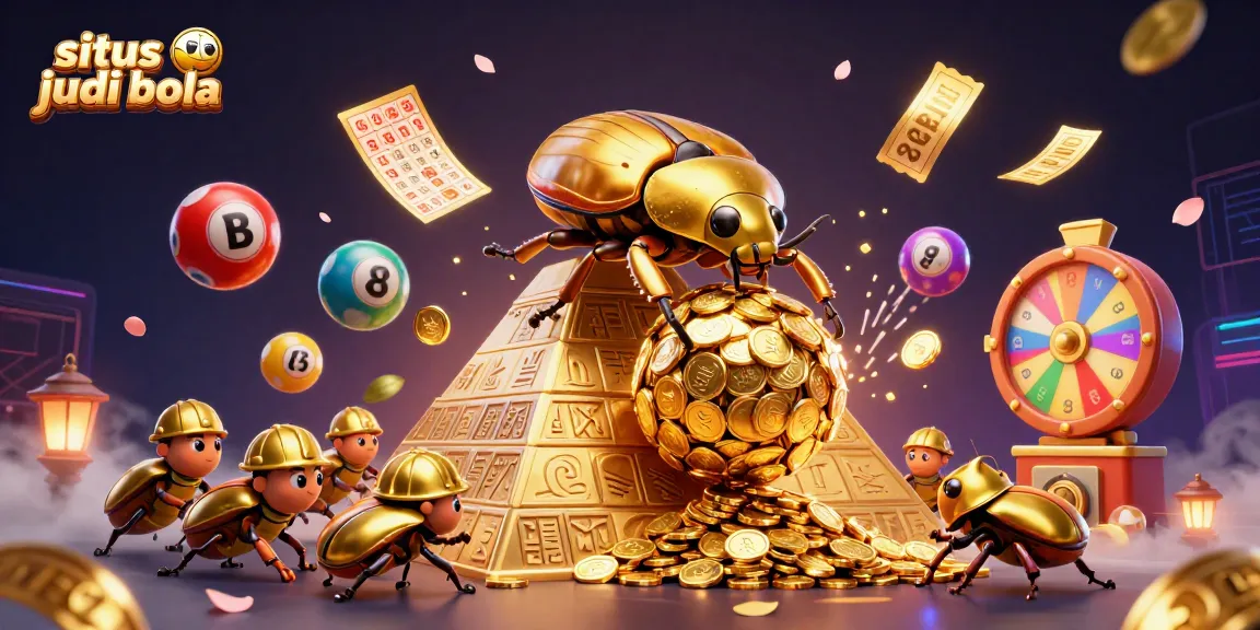 Engage with the excitement at situs judi bola as a golden beetle rolls massive coins amidst colorful lottery elements.