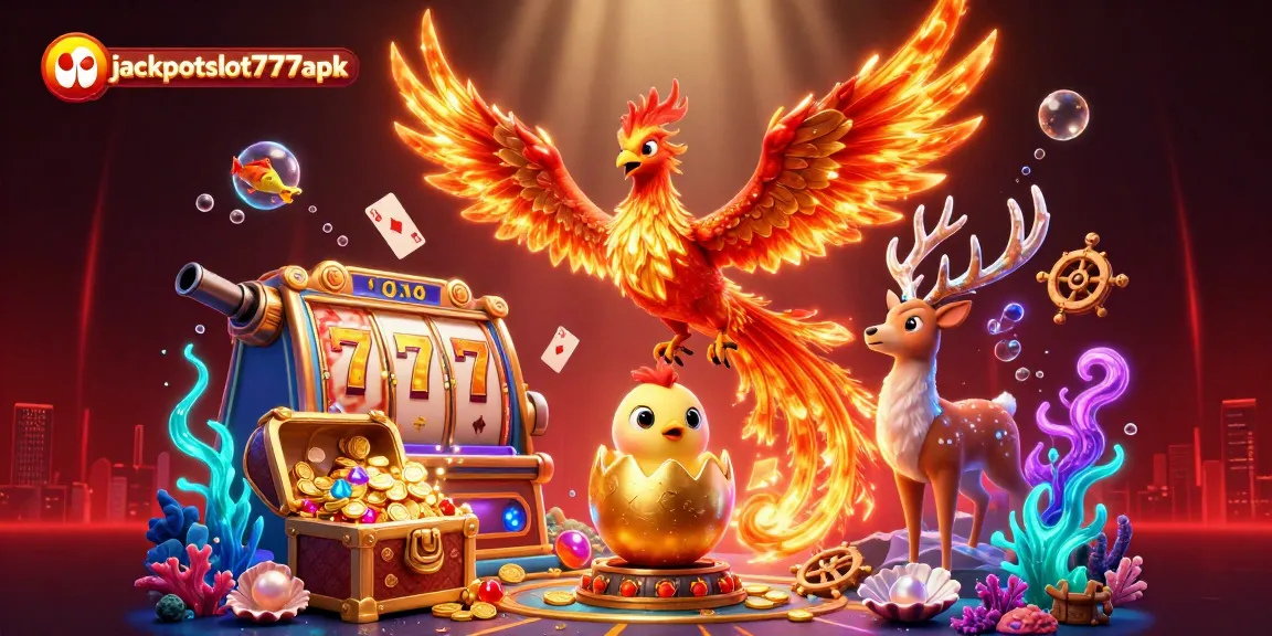 Experience jackpotslot777apk with a vibrant casino scene featuring phoenixes, treasure, and dynamic game elements.