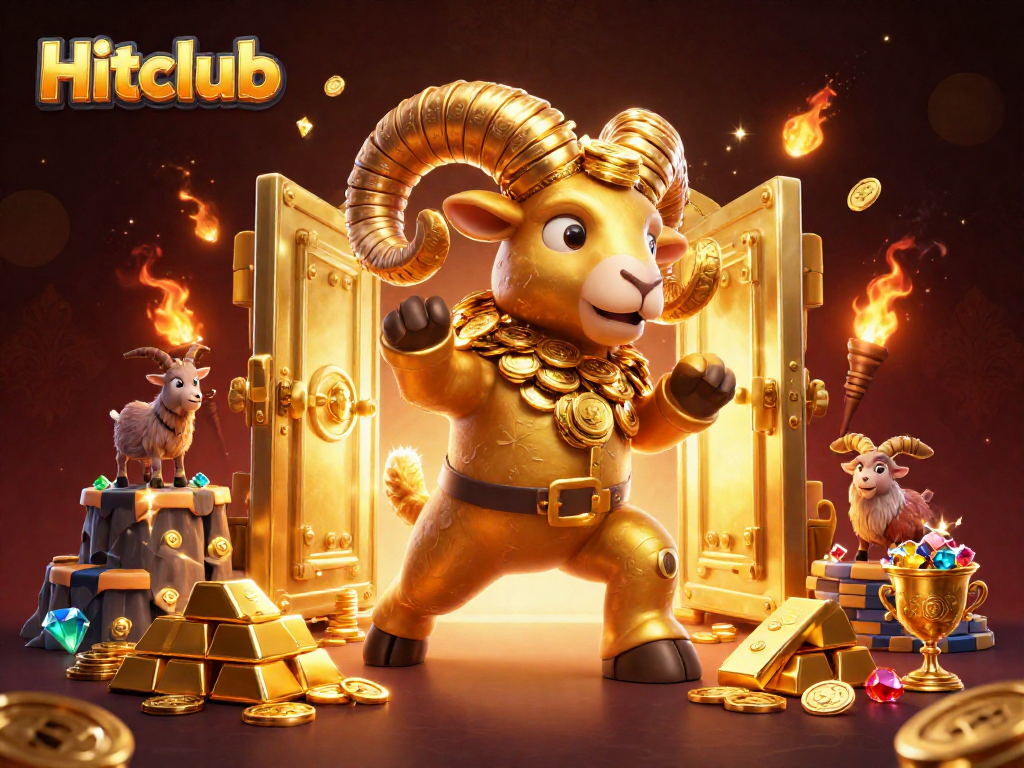 Hitclub showcases thrilling casino gameplay with a vibrant 3D ram charging through golden treasures, inspiring the excitement of gambling.