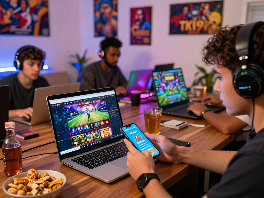 Engaged players gaming at home on TK1971, showcasing app interface and vibrant environment.