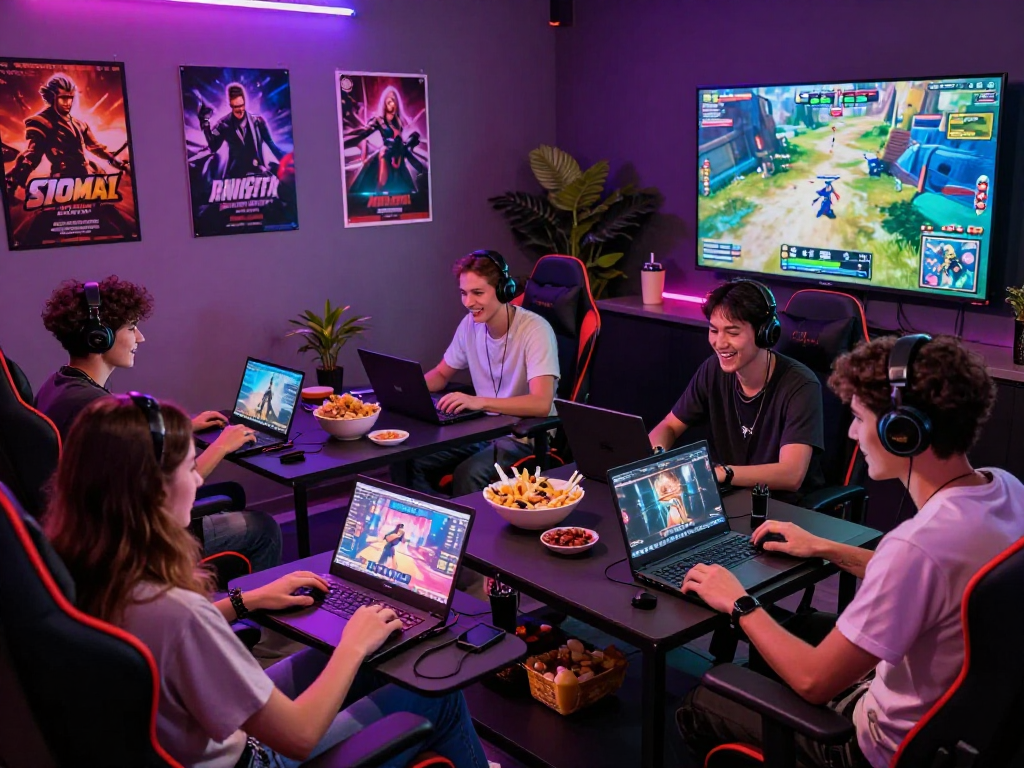 Friends enjoying interactive porngames in a vibrant gaming lounge with neon lights and lively atmosphere.