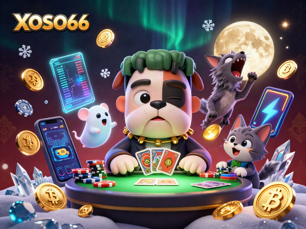 XOSO66 engages players with 3D cartoon characters dealing cards surrounded by crypto elements.
