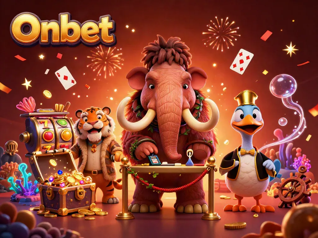 Experience Onbet's vibrant casino world with thrilling slot reels and unique characters.