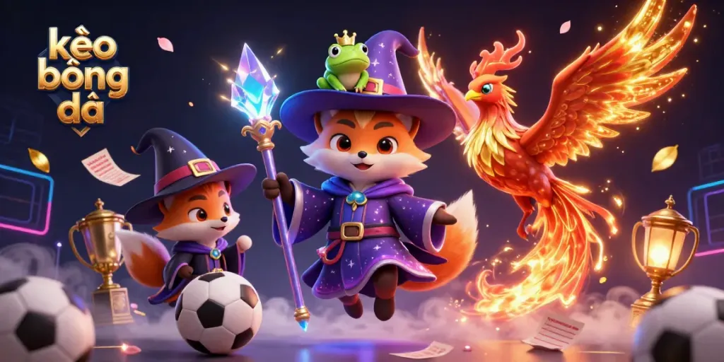 Engage in thrilling kèo bóng đá with a mystical fox wizard and enchanting phoenix in a vibrant betting scene.