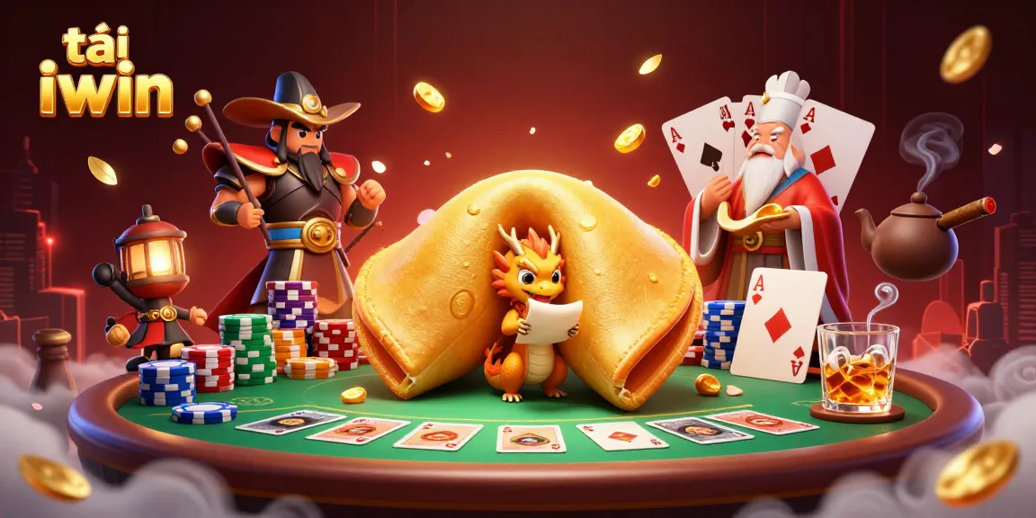 Engage with the vibrant tải iwin scene filled with a golden fortune cookie, wise dragon, and poker elements.