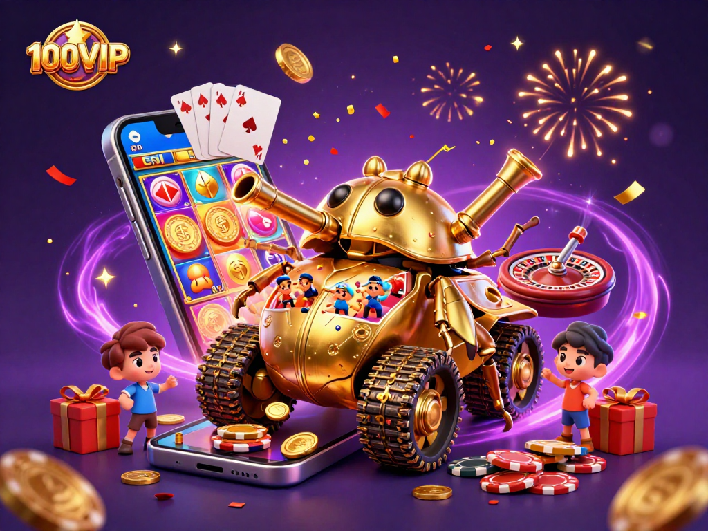 Engage with 100VIP's immersive casino experience in a dynamic 3D scene featuring a golden beetle tank.