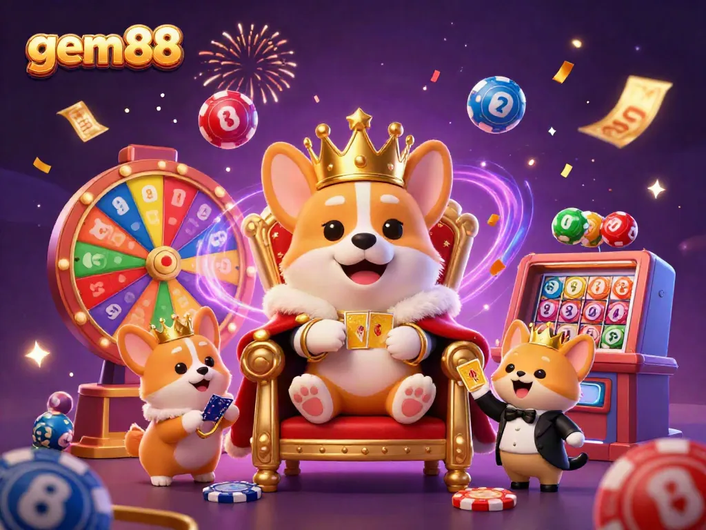 Experience thrilling moments at gem88 with an exciting digital casino scene featuring corgis playing cards.