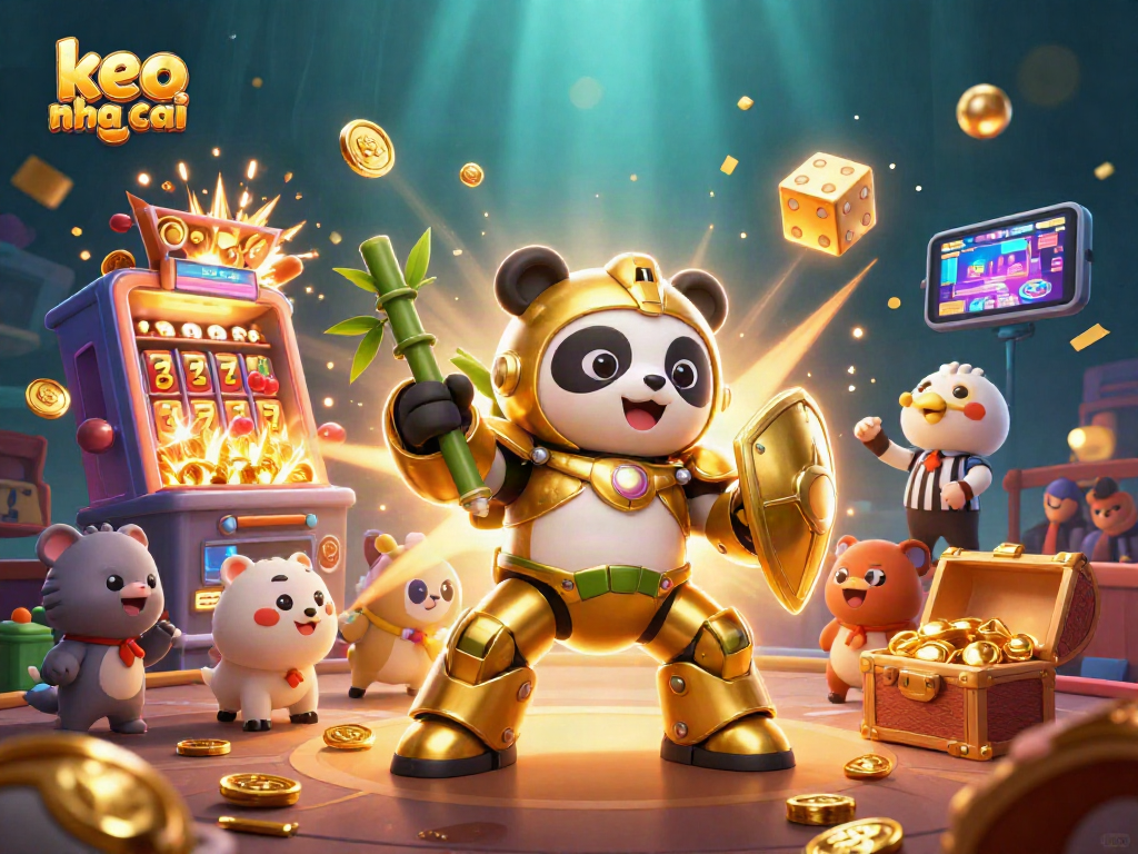 Experience the excitement of keo nha cai with a lively 3D casino scene featuring a mech-suit golden panda.