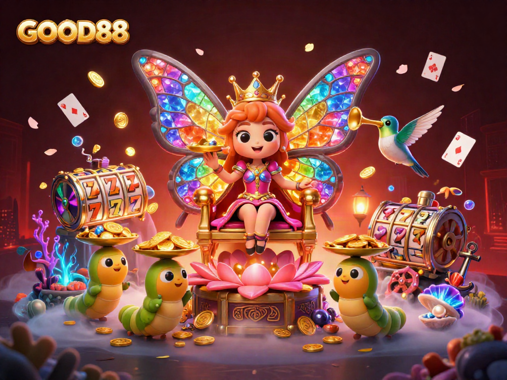 Experience the thrill of GOOD88 with a vibrant illustration of a butterfly queen surrounded by casino treasures.