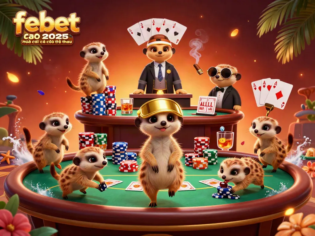 Engaging 3D cartoon scene for febet 2025 nhà cái cá cược thể thao with meerkats managing a lively casino.
