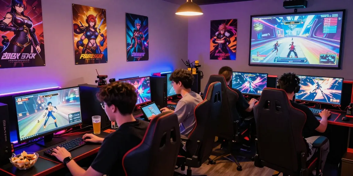 Group of gamers enjoying various hentai ganes in a vibrant setting with colorful LED lights.