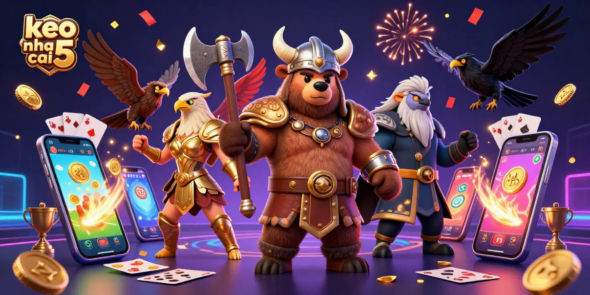 The vibrant scene of keo nha cai 5 showcases a Viking bear and Valkyrie eagle amidst dynamic sports betting elements, celebrating wins with colorful coins and messages.