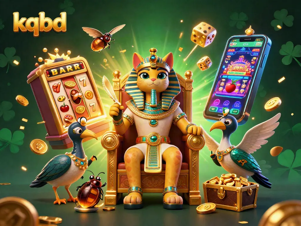 Bet on kqbd and experience a vibrant illustration featuring a pharaoh cat and casino games.