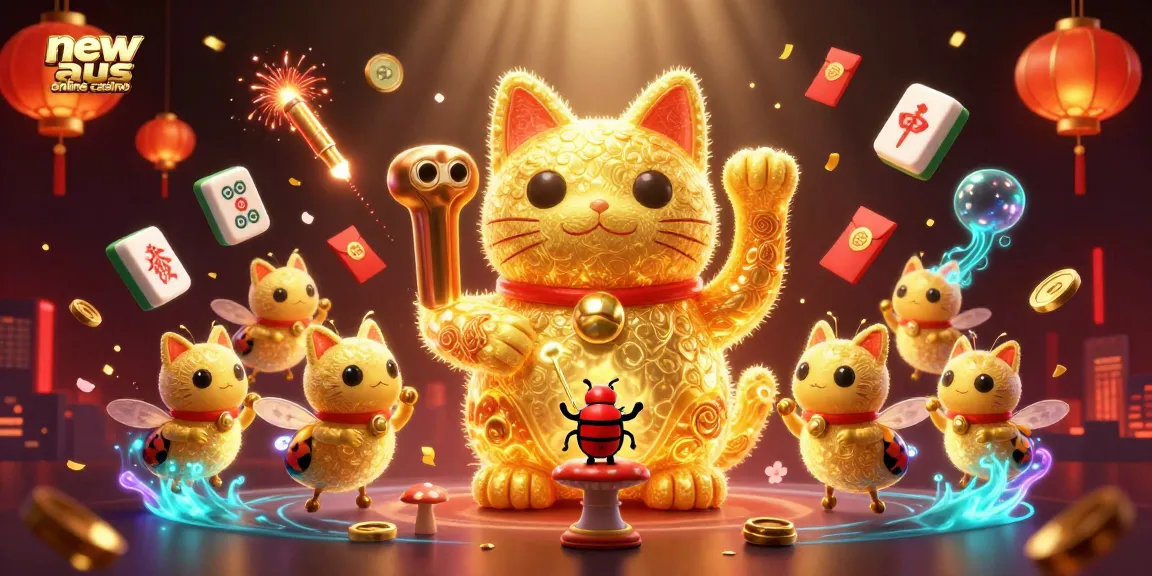 Engage with the new aus online casino experience through a magical scene featuring lucky symbols and festive elements.