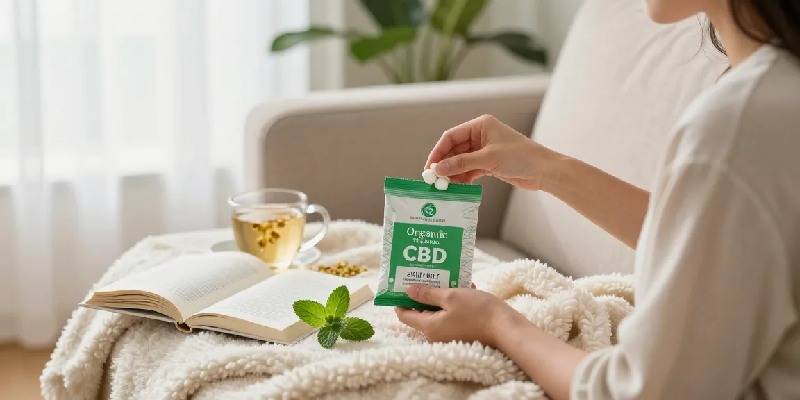 Person enjoying organic CBD mints Canada in a cozy living room with soothing atmosphere.