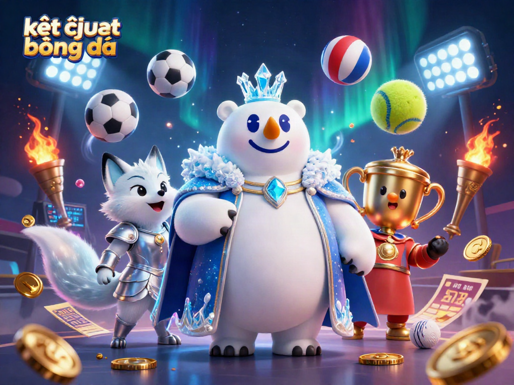 Place bets on kết quả bóng đá with a lively illustration featuring an ice king, sports balls, and betting slips