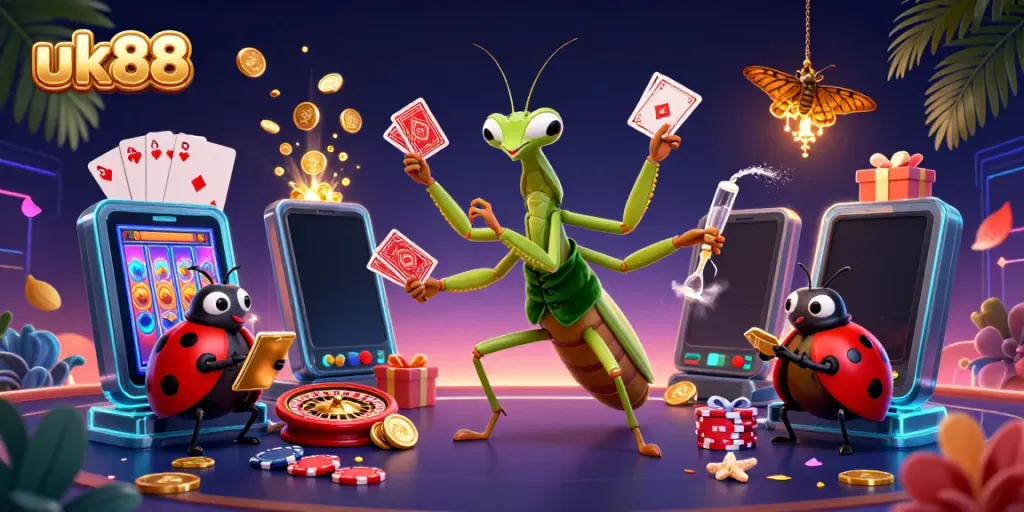 Experience thrilling gameplay with uk88 as a vibrant praying mantis card sharp deals cards and pours champagne.