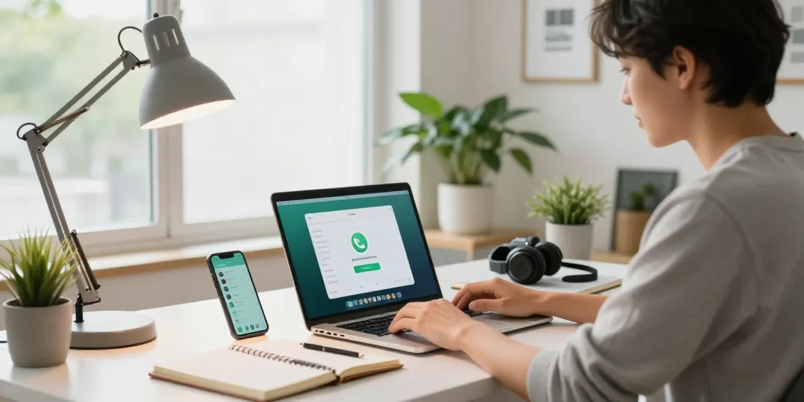 Professional using WhatsApp電腦版 on a laptop in a modern home office.