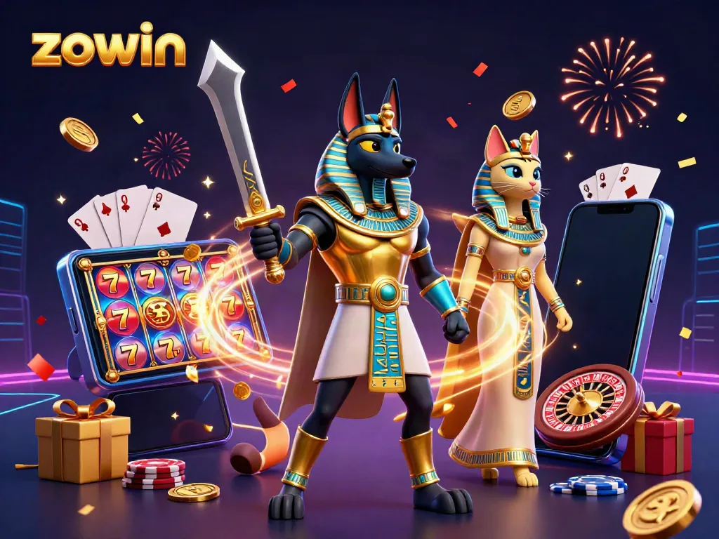 Experience exciting wins with zowin in this vibrant 3D casino illustration showcasing ancient Egyptian themes.