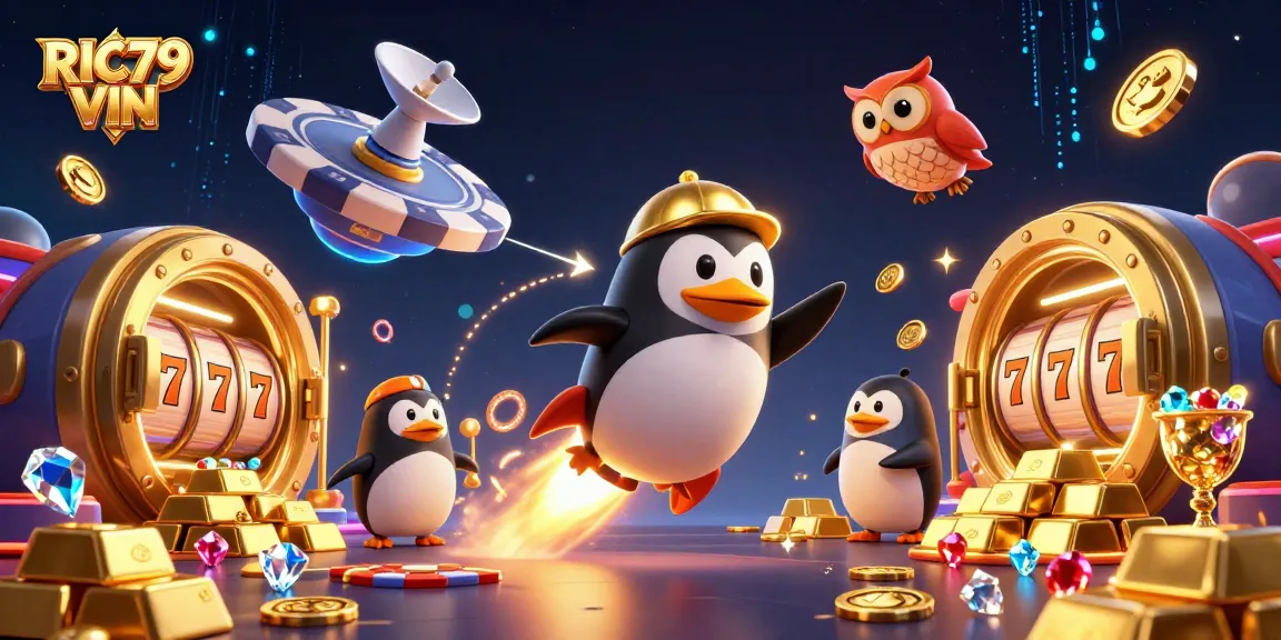 Spin into action with RIC79 VIN, featuring a golden penguin and vibrant casino elements.