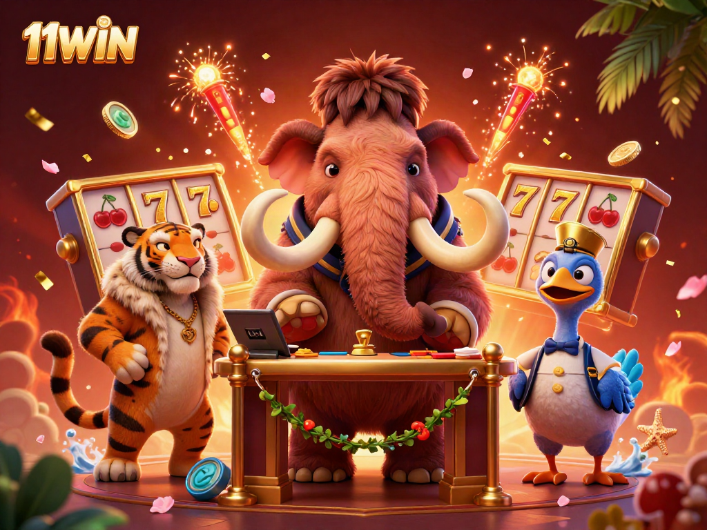 Experience the excitement of 11WIN with a mammoth bouncer and a vibrant casino atmosphere.