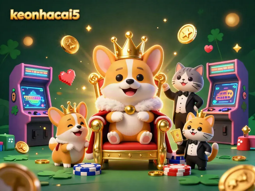 Experience excitement with keonhacai5 as the royal corgi rules the casino scene among vibrant gaming elements.